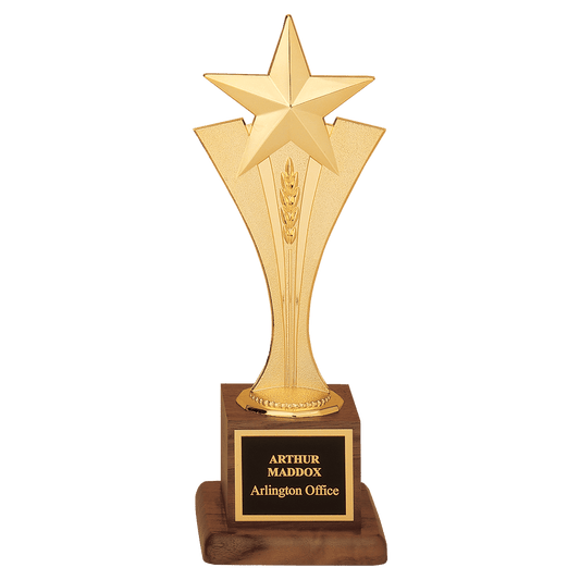 3 1/2" x 10" Modern Goldtone Star Casting on a Walnut Finish Base with Laserable Black Brass Plate