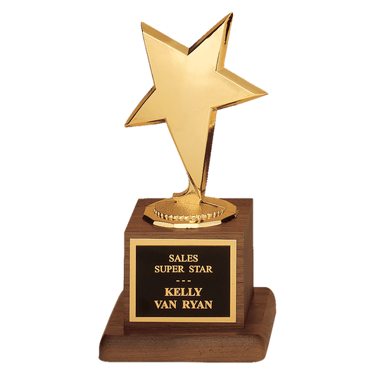 3 1/2" x 6 3/4" Modern Star Casting in Goldtone Finish on Walnut Finish Base with Black Laserable Plate