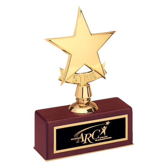 5" x 7 1/2" Polished Metal Goldtone Star Casting on Rosewood Piano Finish Base with Laserable Black Brass Plate