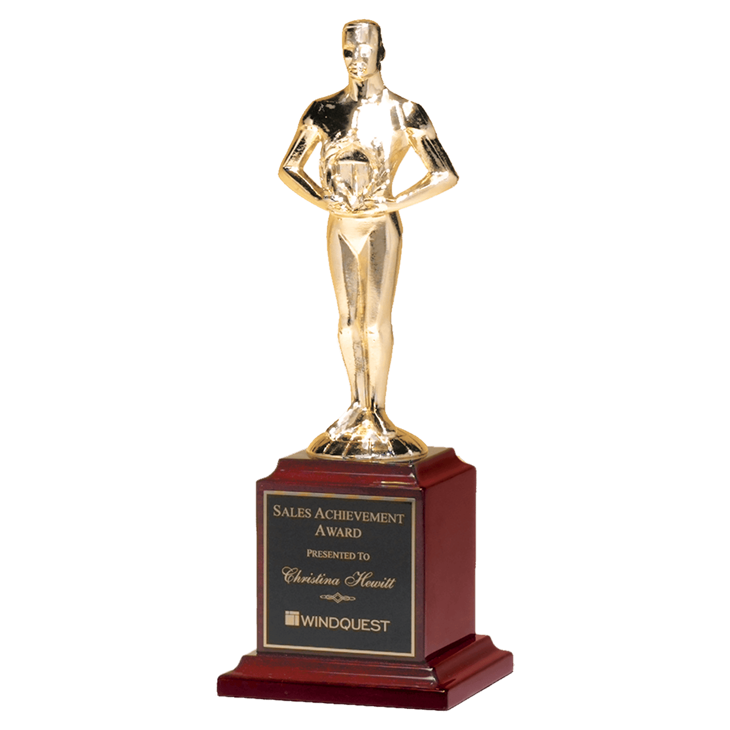 13 1/2" Cast Metal Goldtone Finish Classic Achiever Figure on a Rosewood Piano Finish Base with a Black Laserable Plate