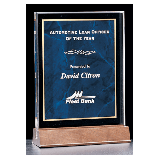 5" x 7 5/8" Sapphire Marble Acrylic Award with American Walnut Base