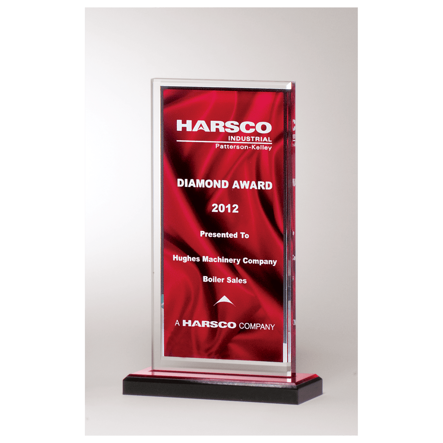 5 x 8 1/2" Deep Red Draped Satin Patterned Acrylic with Silver Mirror Border, Black with Red Top Base