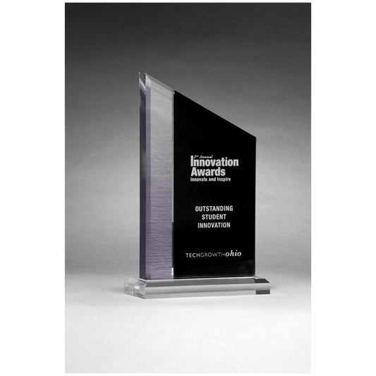 6" x 9" Digitally Printed Brushed Silver Accent on Black Upright Acrylic with Clear Base