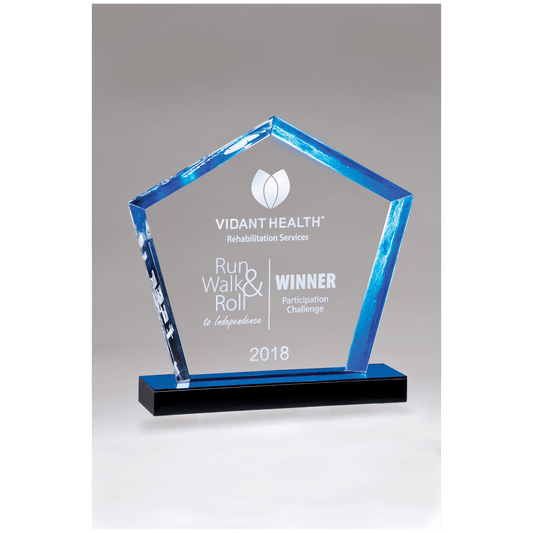 7" x 8" Diamond Series Acrylic Award with Blue Accent Blue Mirror-Topped Base