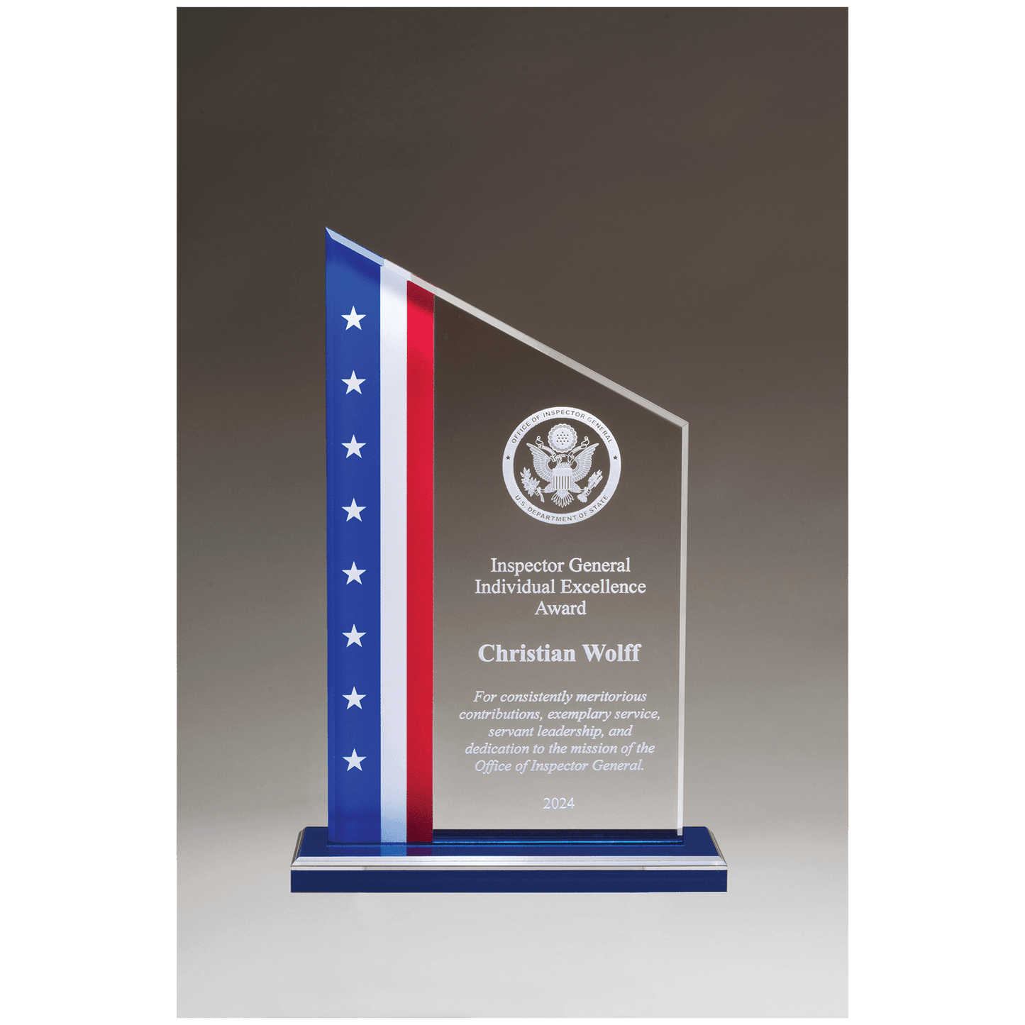 6 3/8" x 9 3/4 " Zenith Series Acrylic with American Flag Design, Blue Mirror Top Base