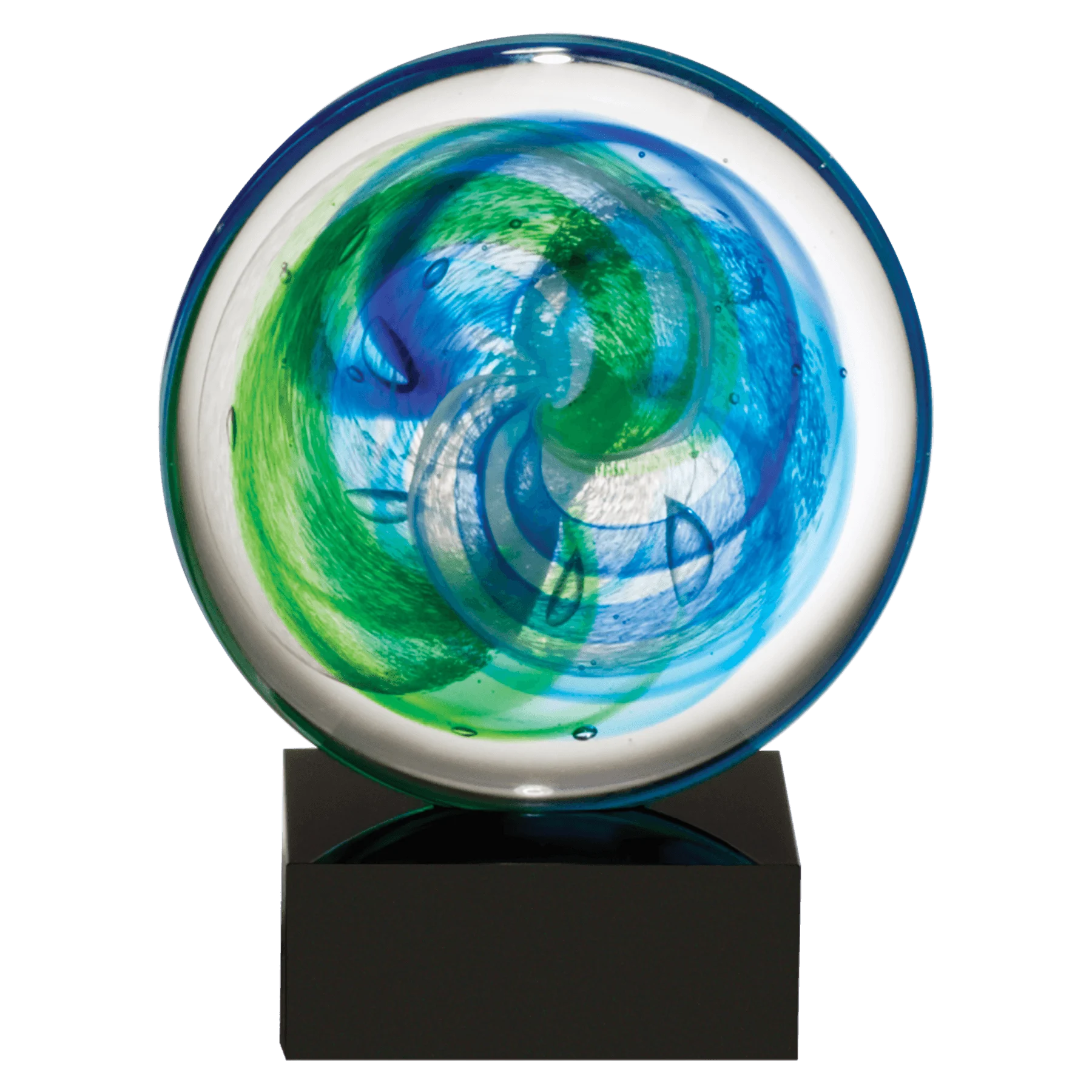 7.25" Disk Art Glass w/Blue and Light Green Accent on Black Glass Base-No Plate (glass) — custom laser engraved — ECHIPMUNK
