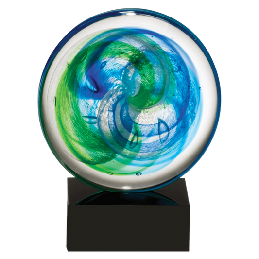 7.25" Disk Art Glass w/Blue and Light Green Accent on Black Glass Base-No Plate (glass) — custom laser engraved — ECHIPMUNK