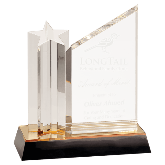 8" Clear Star Column Acrylic with Clear Plaqueue and Gold/Black Base