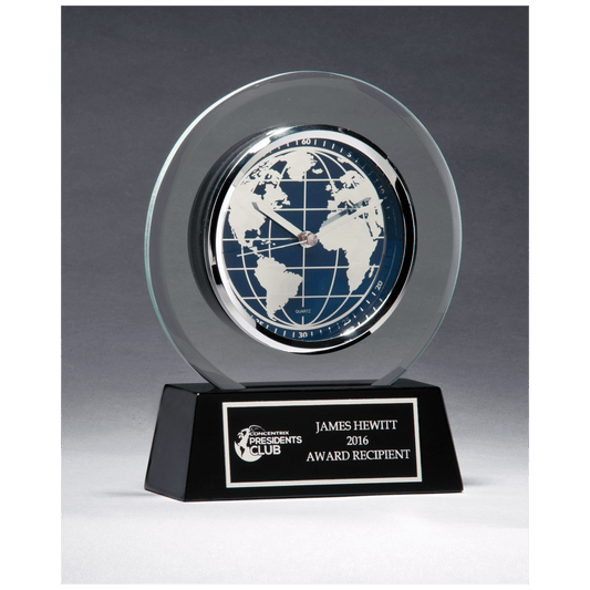7 1/4" x  8 3/4" Glass Clock with World Dial on Black High Gloss Base, Black Plate