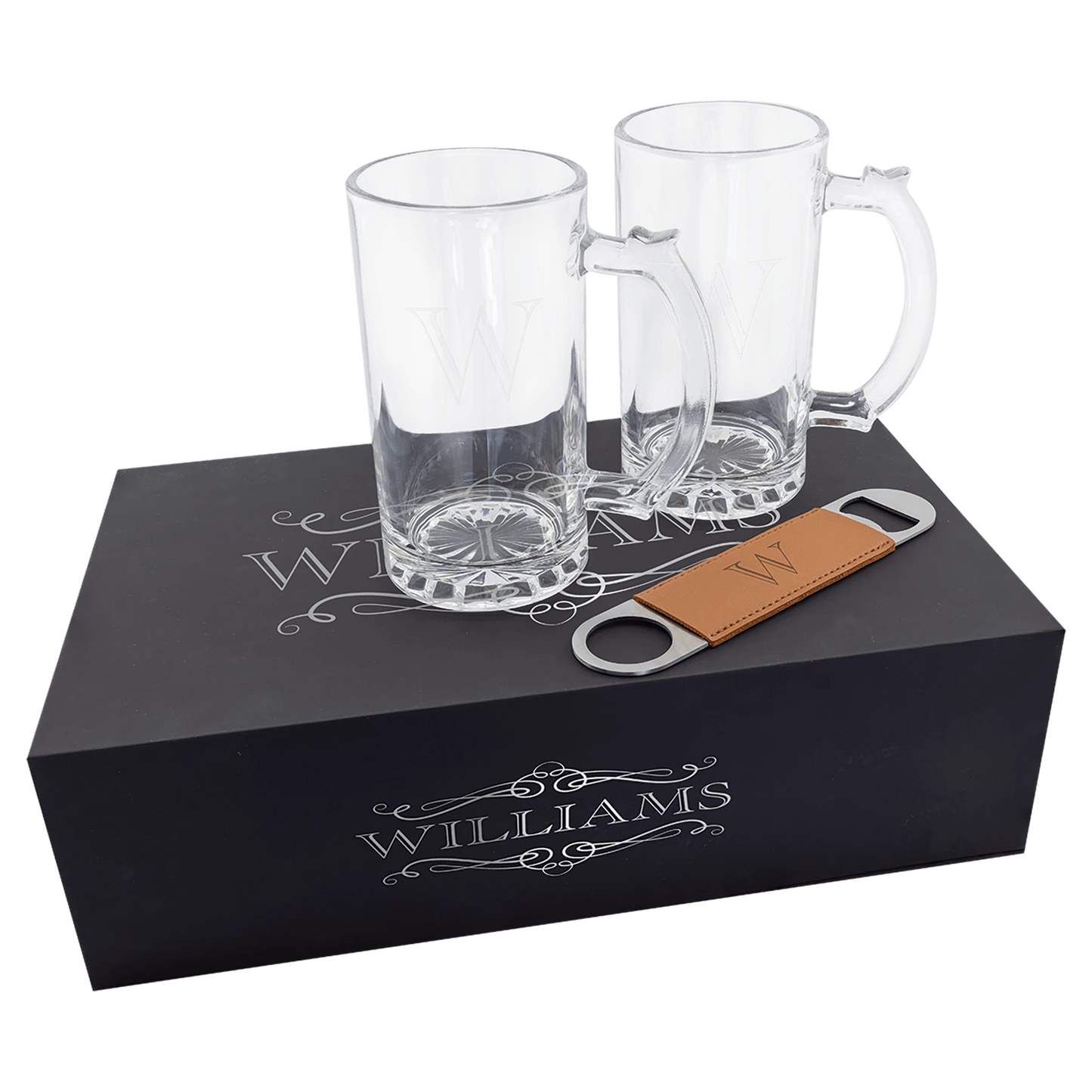 Lazerburst Beer Set with Two 14 oz. Mugs and One Rawhide Bottle Opener (lazerburst & glass & leatherette) — custom laser engr