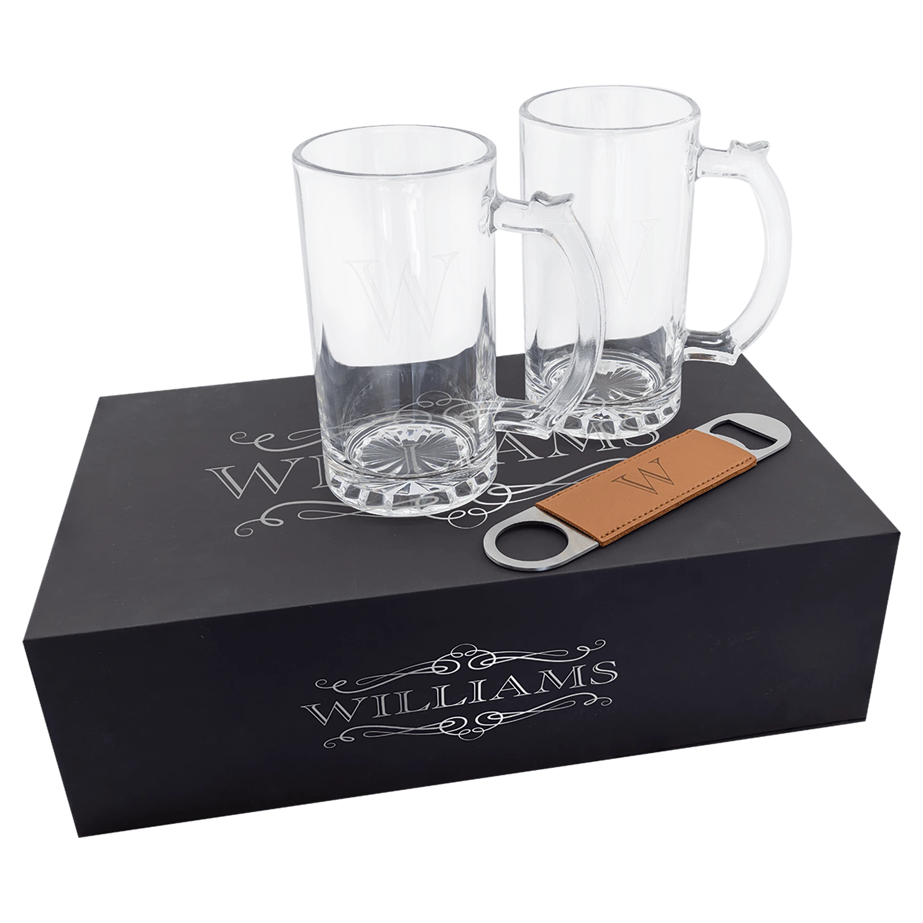 Lazerburst Beer Set with Two 14 oz. Mugs and One Rawhide Bottle Opener (lazerburst & glass & leatherette) — custom laser engr