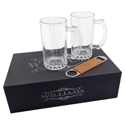 Lazerburst Beer Set with Two 14 oz. Mugs and One Rawhide Bottle Opener (lazerburst & glass & leatherette) — custom laser engr