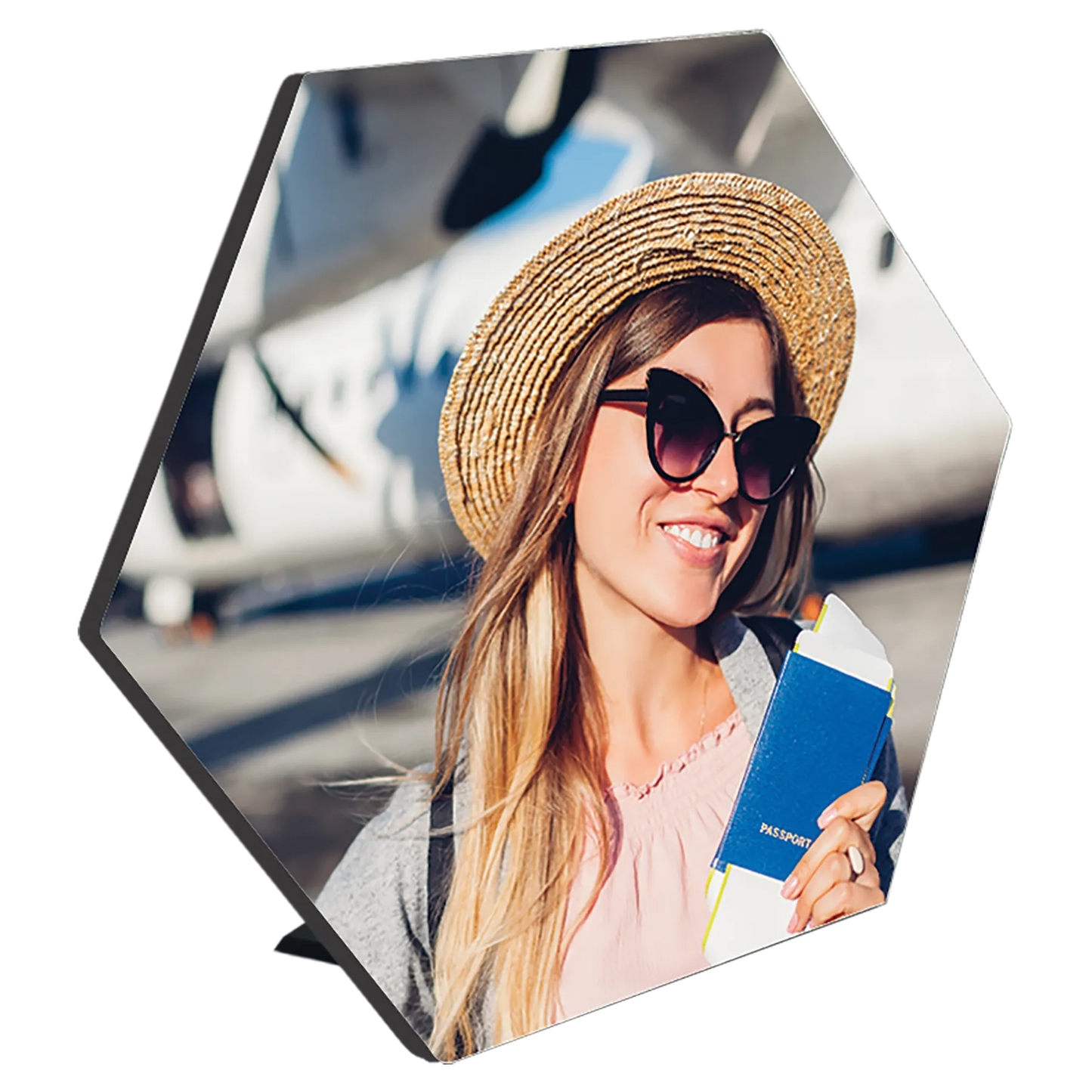 7.5" × 6.53" White Hexagon Photo Panel with Kickstand (mdf) — custom laser engraved — ECHIPMUNK