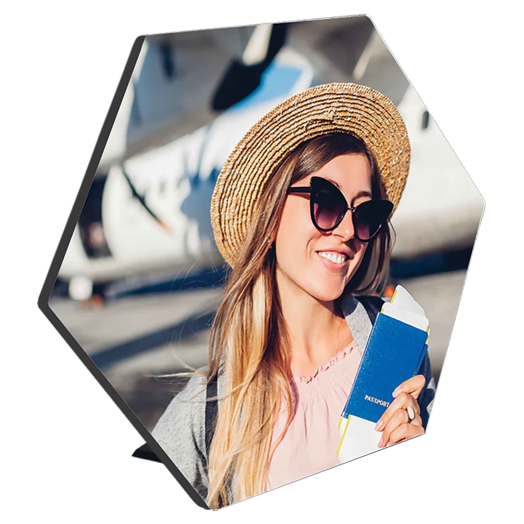 7.5" × 6.53" White Hexagon Photo Panel with Kickstand (mdf) — custom laser engraved — ECHIPMUNK