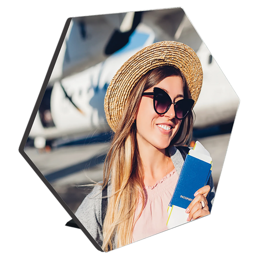 7.5" × 6.53" White Hexagon Photo Panel with Kickstand (mdf) — custom laser engraved — ECHIPMUNK