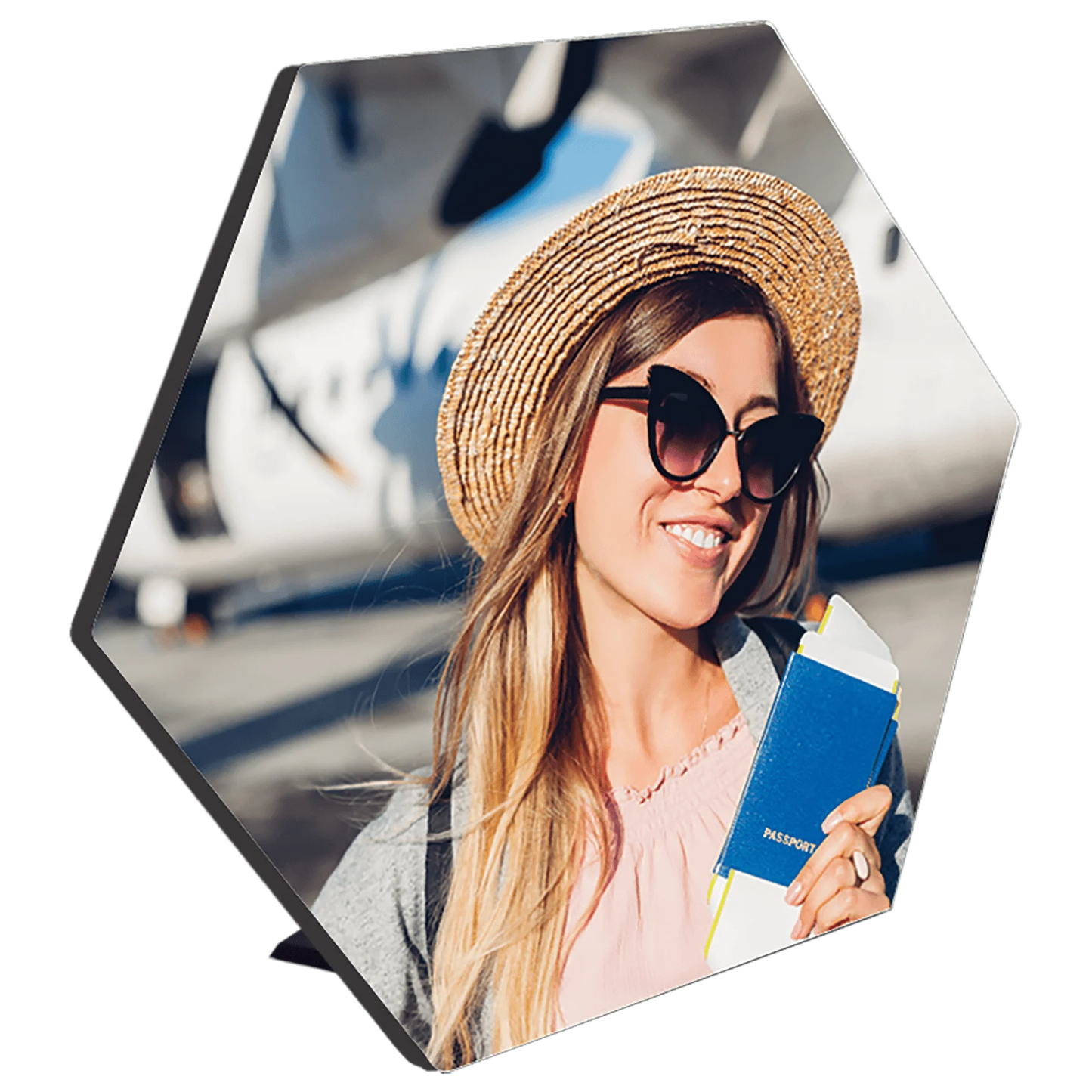 7.5" × 6.53" White Hexagon Photo Panel with Kickstand (mdf) — custom laser engraved — ECHIPMUNK