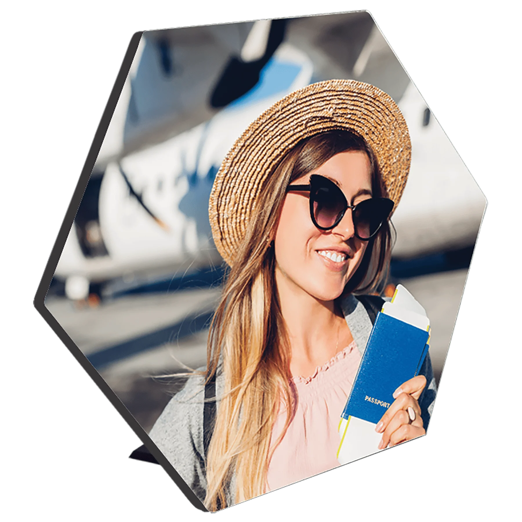 7.5" × 6.53" White Hexagon Photo Panel with Kickstand (mdf) — custom laser engraved — ECHIPMUNK