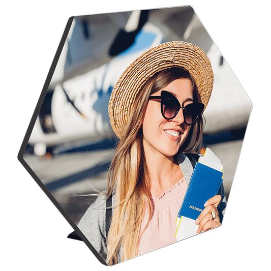 7.5" × 6.53" White Hexagon Photo Panel with Kickstand (mdf) — custom laser engraved — ECHIPMUNK