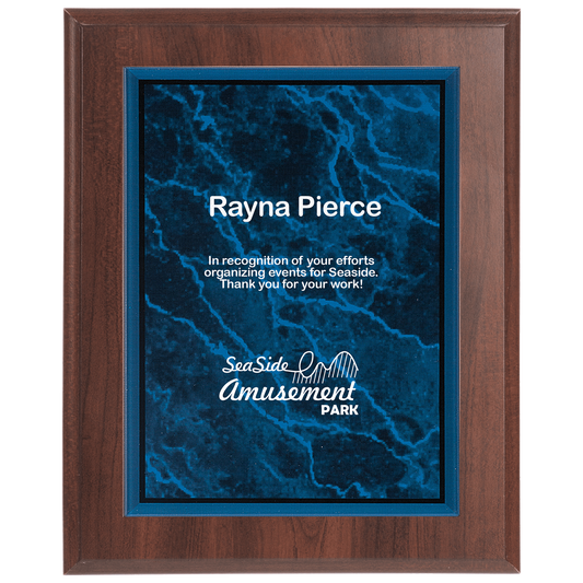 Medium Cherry Finish Plaqueue with Blue Marble Acrylic Plaqueue Plate