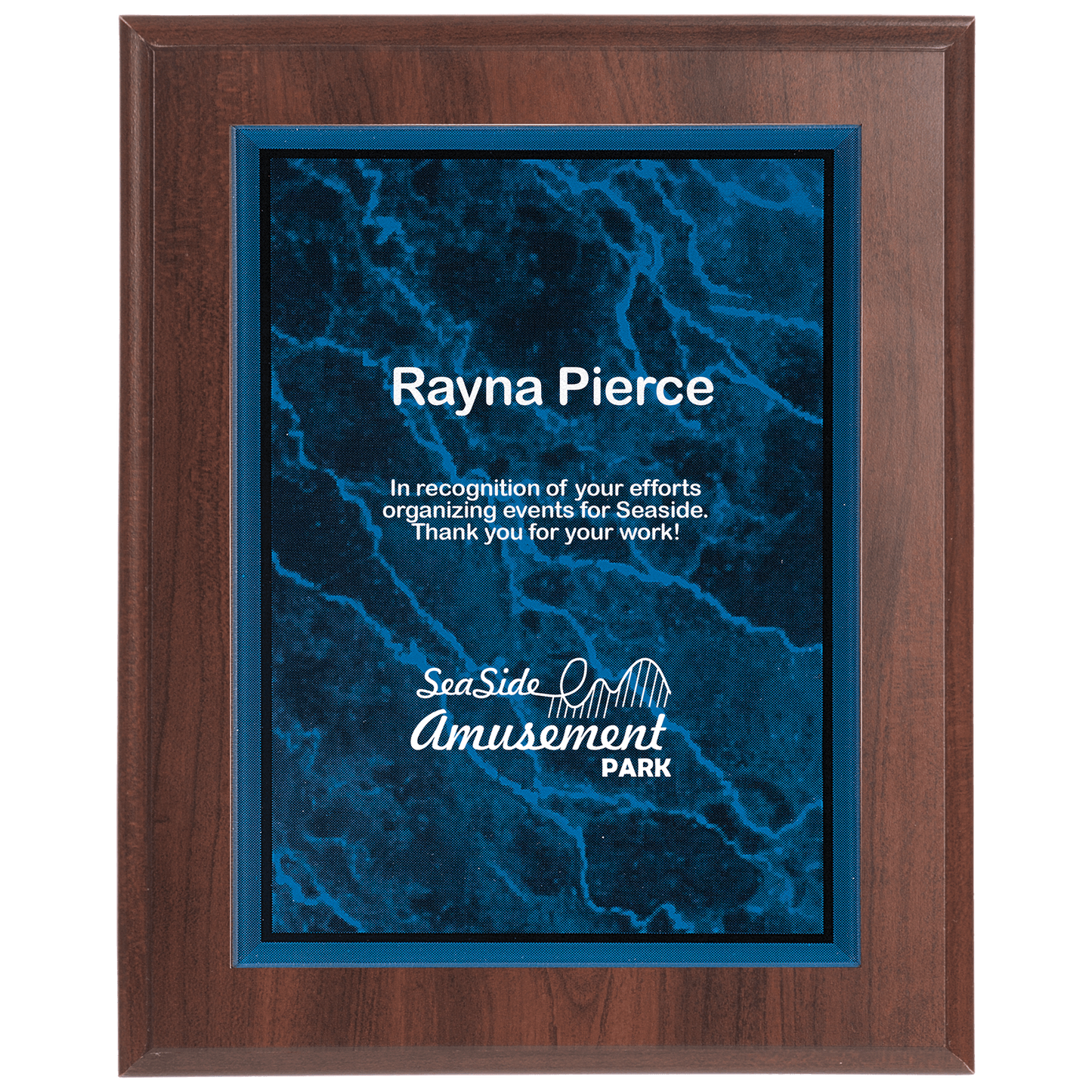 Large Cherry Finish Plaqueue with Blue Marble Acrylic Plate
