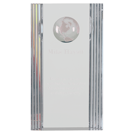 7 3/4" Clear Crystal Rectangle with Globe Etching