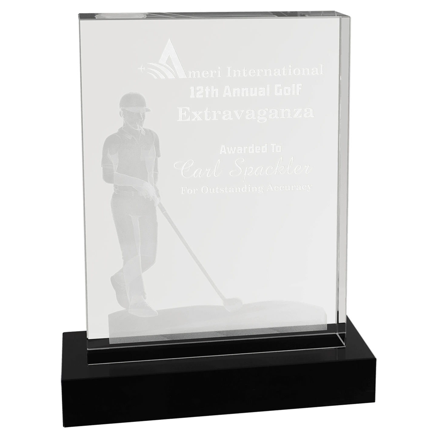 6.25" × 8" Crystal 3D Male Golf (optic crystal) — custom laser engraved — ECHIPMUNK