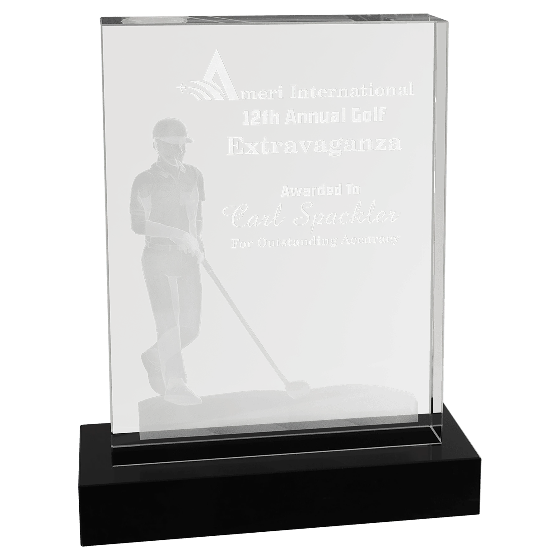 6.25" × 8" Crystal 3D Male Golf (optic crystal) — custom laser engraved — ECHIPMUNK