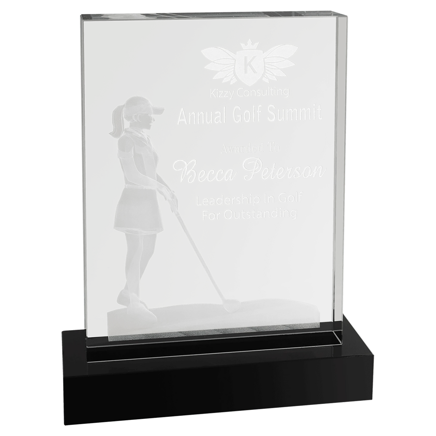 6.25" × 8" Crystal 3D Female Golf (optic crystal) — custom laser engraved — ECHIPMUNK
