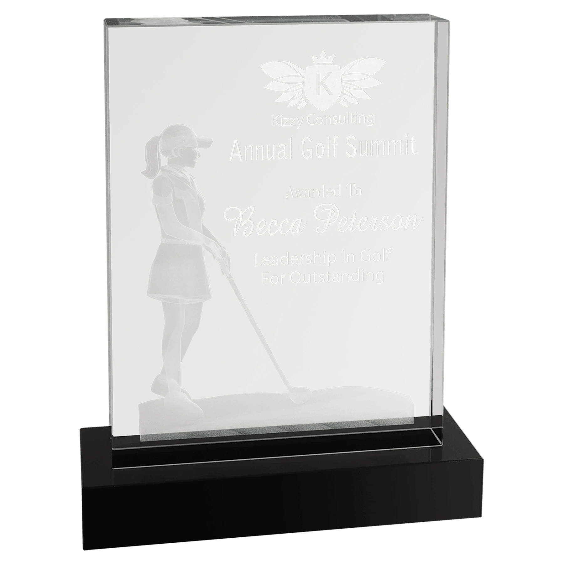 6.25" × 8" Crystal 3D Female Golf (optic crystal) — custom laser engraved — ECHIPMUNK