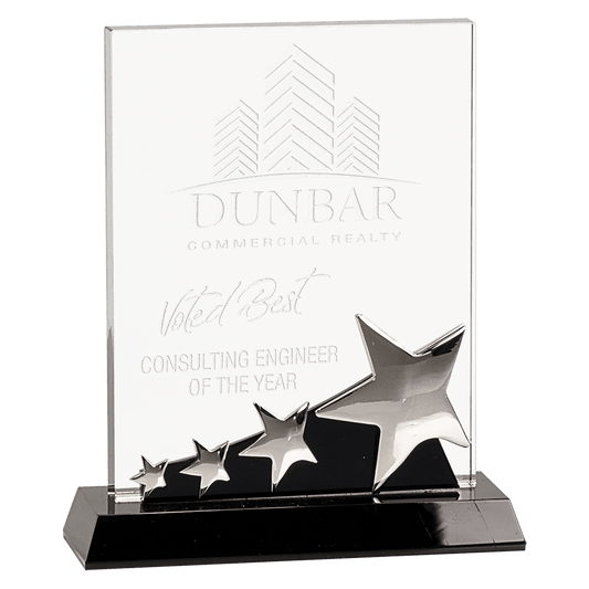 7" Rectangle Crystal with Silver Stars on Black Pedestal Base