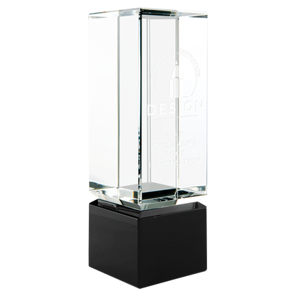 2.25" × 7" Clear Crystal Block on Black Crystal Base (optic crystal) — custom laser engraved — ECHIPMUNK