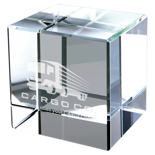 3" × 3" Crystal Cube (optic crystal) — custom laser engraved — ECHIPMUNK