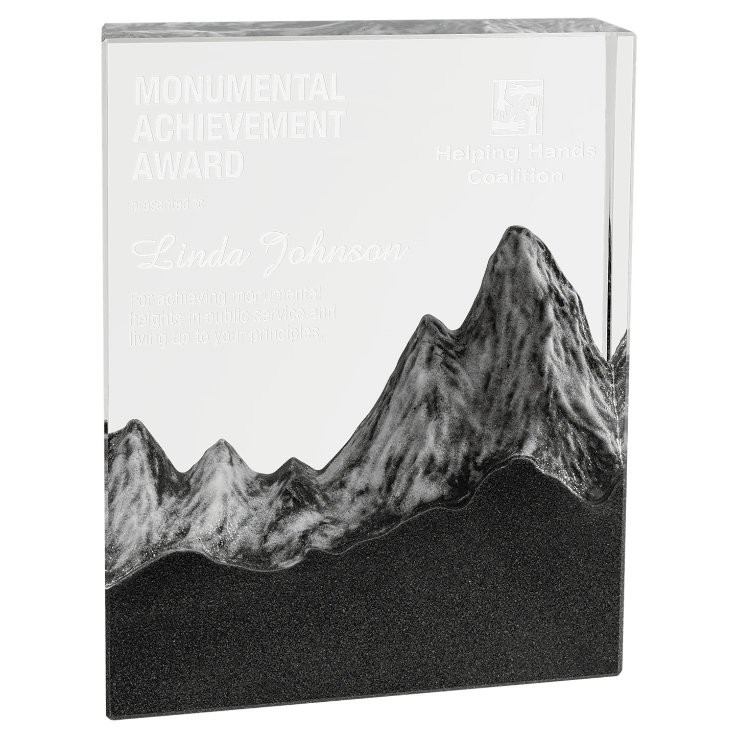 5.875" × 7.75" Crystal with Embedded Resin Mountain Scene (optic crystal) — custom laser engraved — ECHIPMUNK