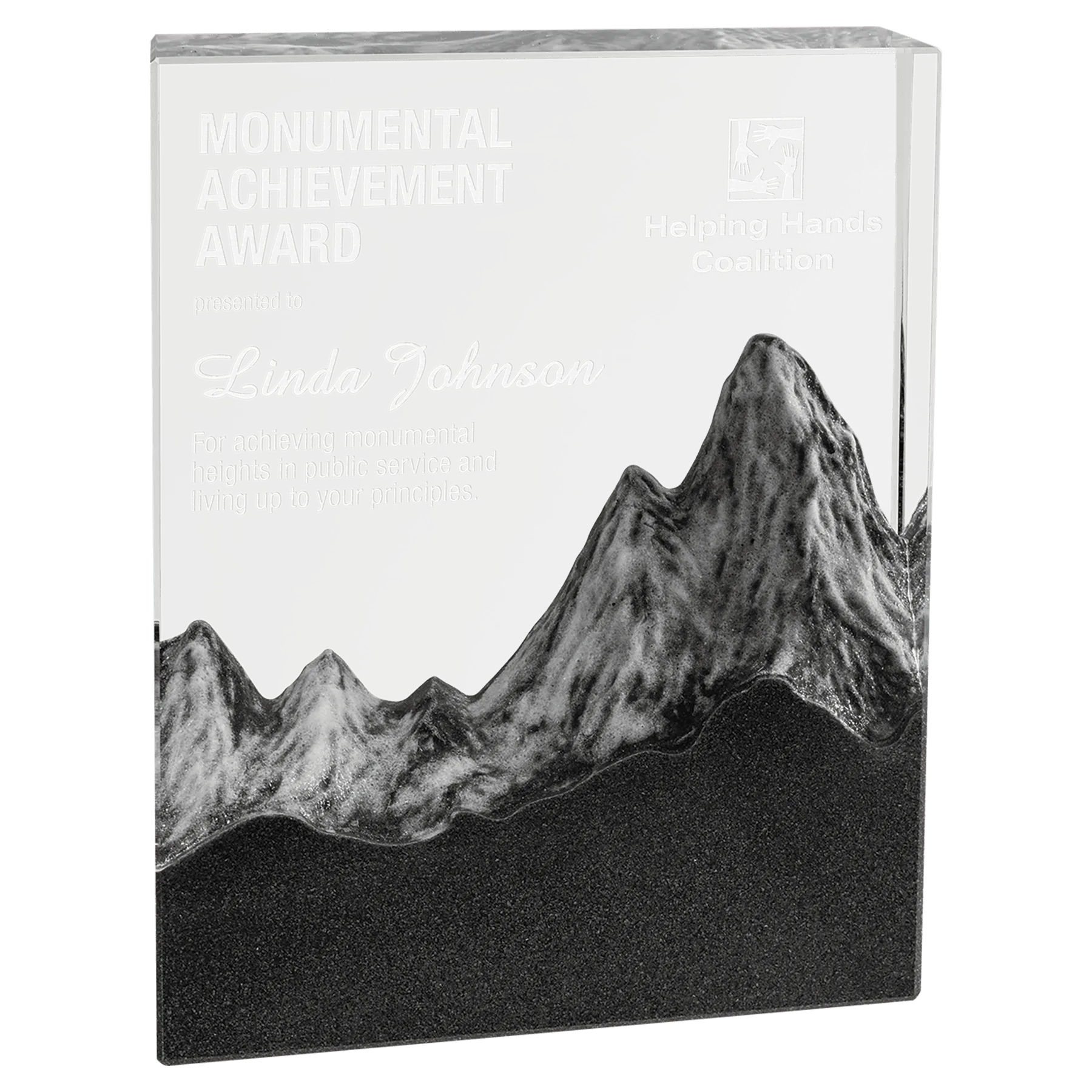 5.875" × 7.75" Crystal with Embedded Resin Mountain Scene (optic crystal) — custom laser engraved — ECHIPMUNK