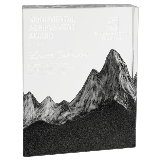 5.875" × 7.75" Crystal with Embedded Resin Mountain Scene (optic crystal) — custom laser engraved — ECHIPMUNK