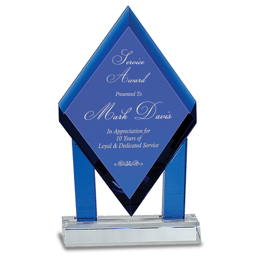 8 3/4" Blue Crystal Floating Diamond with Blue Columns on Clear Base