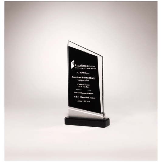 4 3/4" x 7 7/8" Zenith Series Glass Award, Black Piano Finish Base with Silver Aluminum Accent