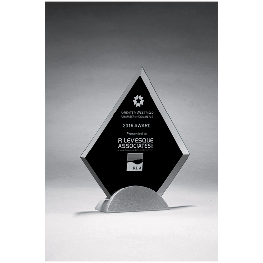 8" x 9" Diamond Shaped Glass Award, Black Silkscreen on Silver Metal Base