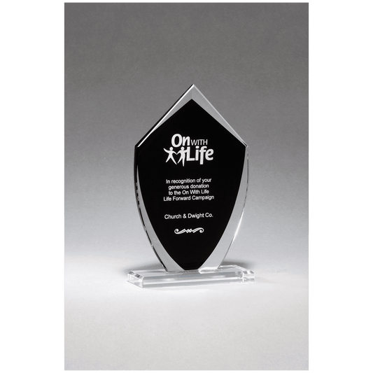 5 1/2" x 9 1/4" Shield Shaped Glass Award with Black Silkscreened Center