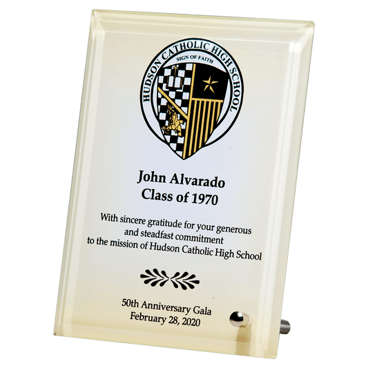 5" x 7" Sublimated Glass Plaque with Silver Post for Portrait or Landscape Prsentation
