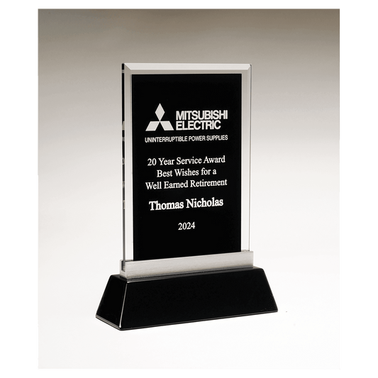 6 1/4" x 8 7/8" Rectangular Black Silkscreened Glass Award with Black Piano Finish Base