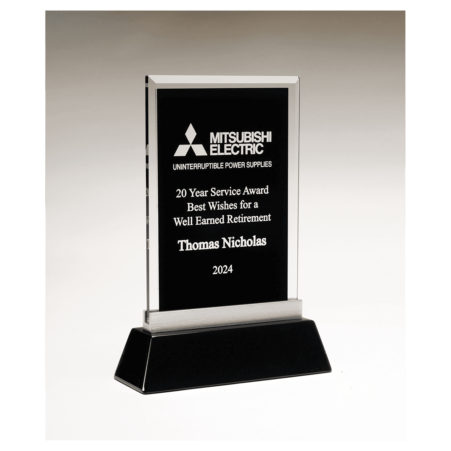 7 1/4" x 9 7/8" Rectangular Black Silkscreened Glass Award with Black Piano Finish Base