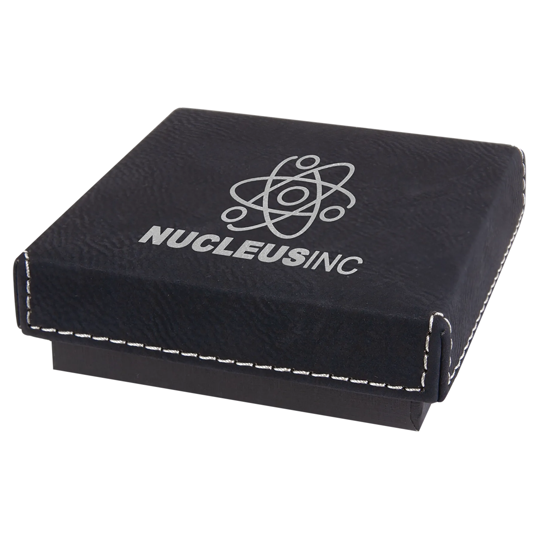 3.5" × 3.5" Black/Silver Medal Box with Lid (cardboard & faux leather) — custom laser engraved — ECHIPMUNK
