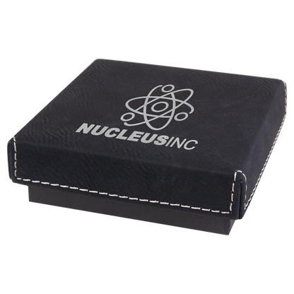 3.5" × 3.5" Black/Silver Medal Box with Lid (cardboard & faux leather) — custom laser engraved — ECHIPMUNK