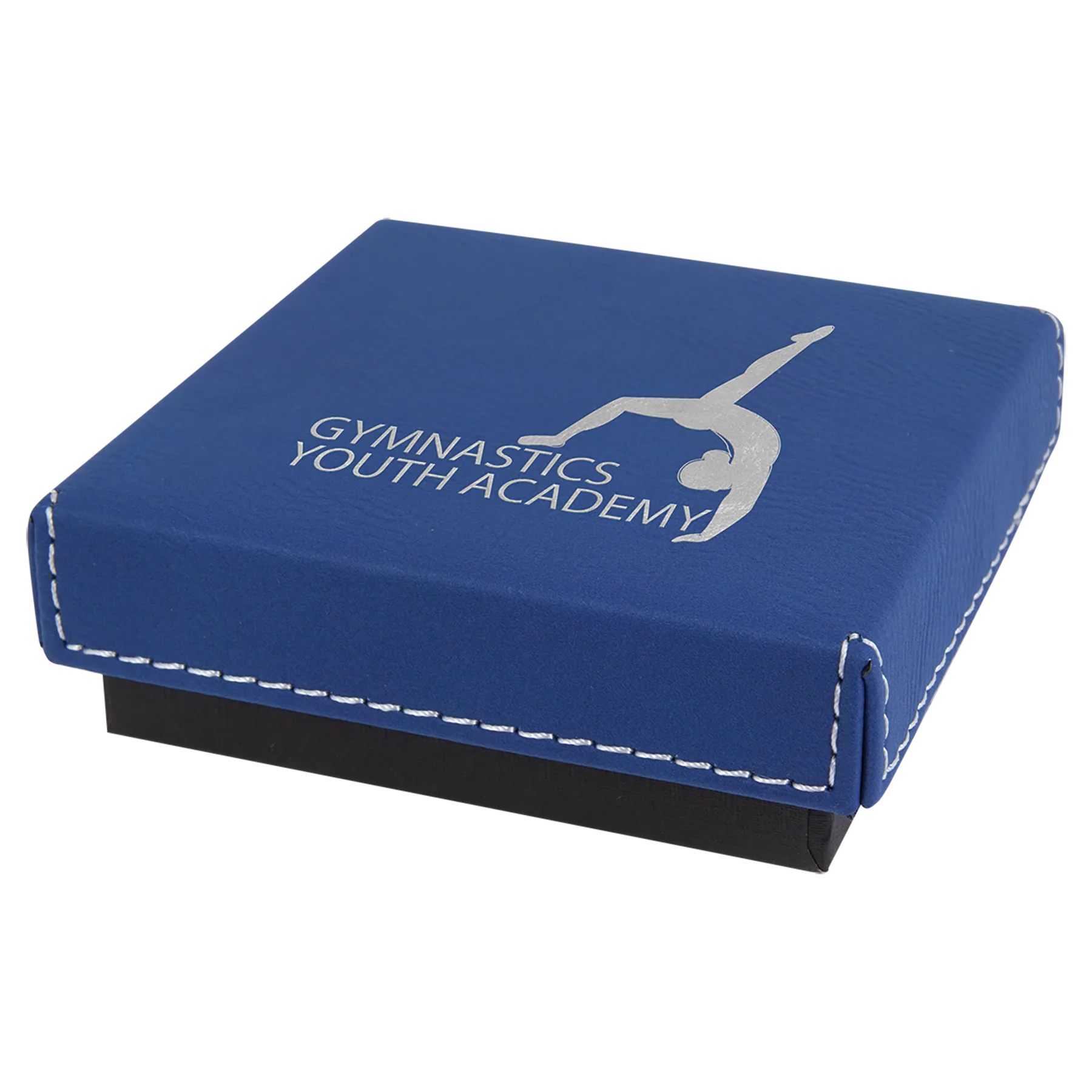 3.5" × 3.5" Blue/Silver Medal Box with Lid (cardboard & faux leather) — custom laser engraved — ECHIPMUNK