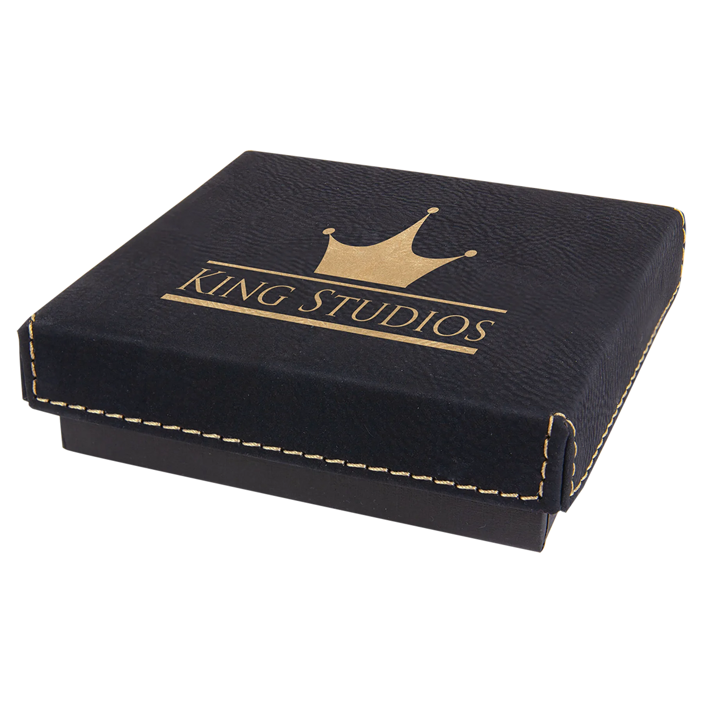 4" × 4" Black/Gold Medal Box with Lid (cardboard & faux leather) — custom laser engraved — ECHIPMUNK