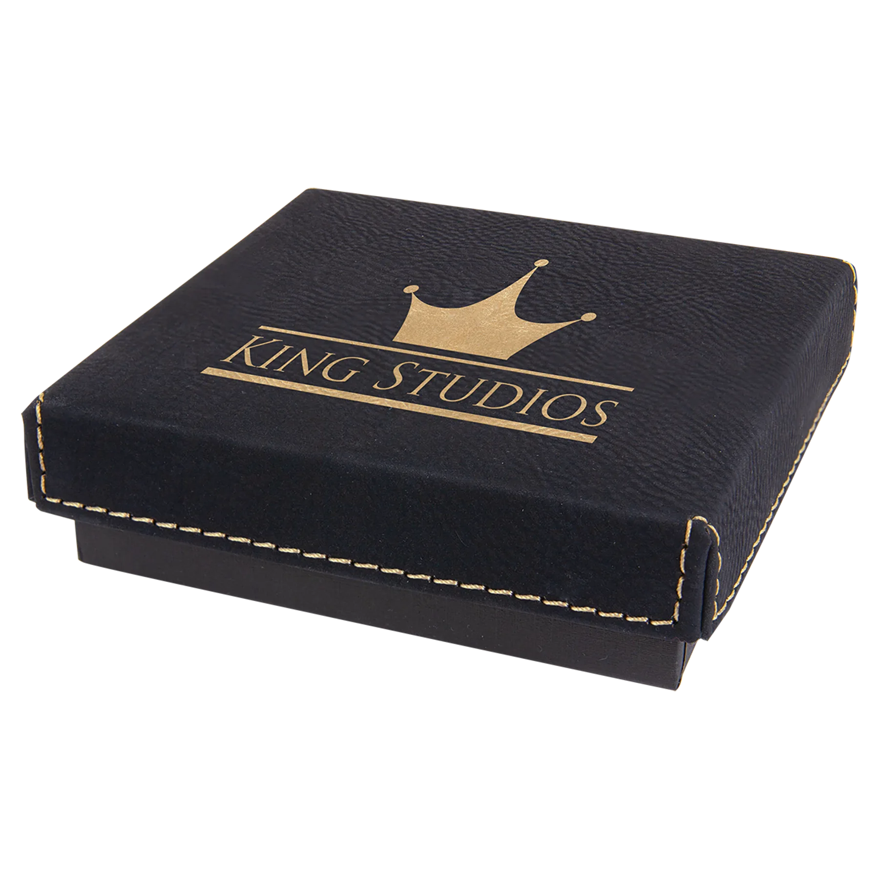 4" × 4" Black/Gold Medal Box with Lid (cardboard & faux leather) — custom laser engraved — ECHIPMUNK