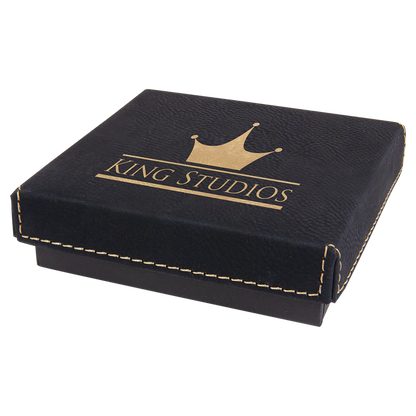 4" × 4" Black/Gold Medal Box with Lid (cardboard & faux leather) — custom laser engraved — ECHIPMUNK