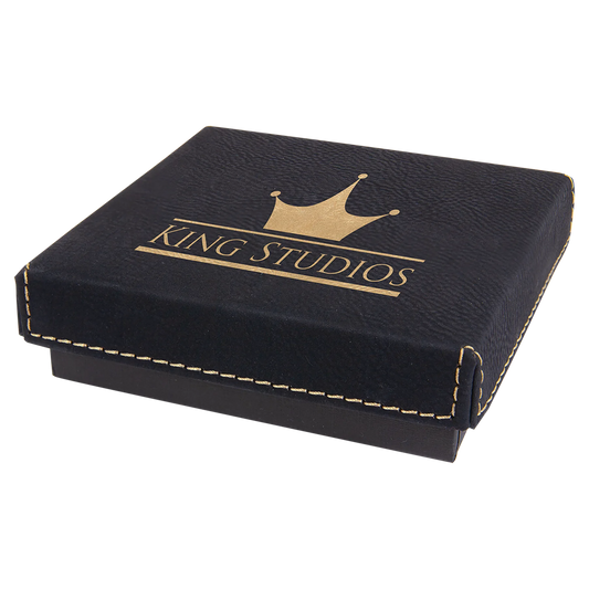 4" × 4" Black/Gold Medal Box with Lid (cardboard & faux leather) — custom laser engraved — ECHIPMUNK