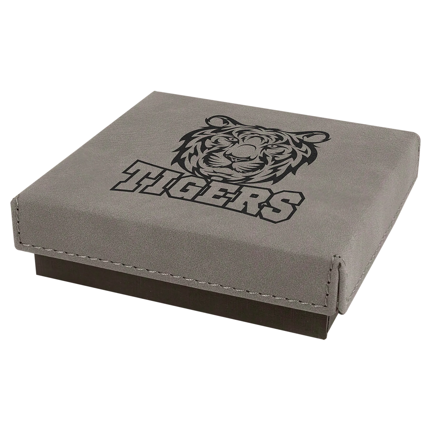 4" × 4" Gray Medal Box with Lid (cardboard & faux leather) — custom laser engraved — ECHIPMUNK
